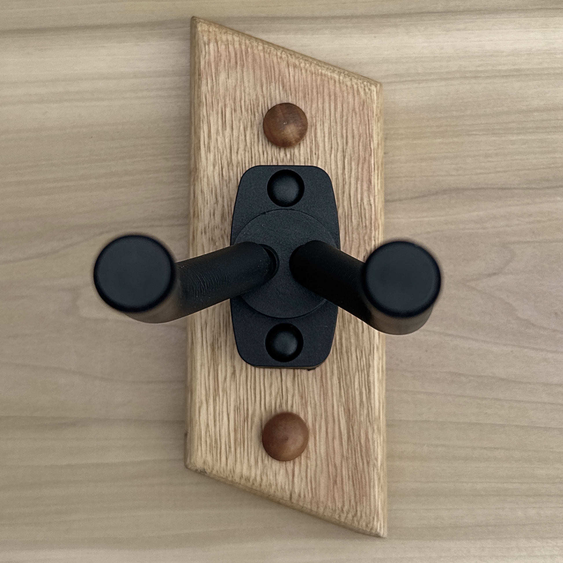 Handmade rustic pine guitar wall hanger with exotic wood inlay