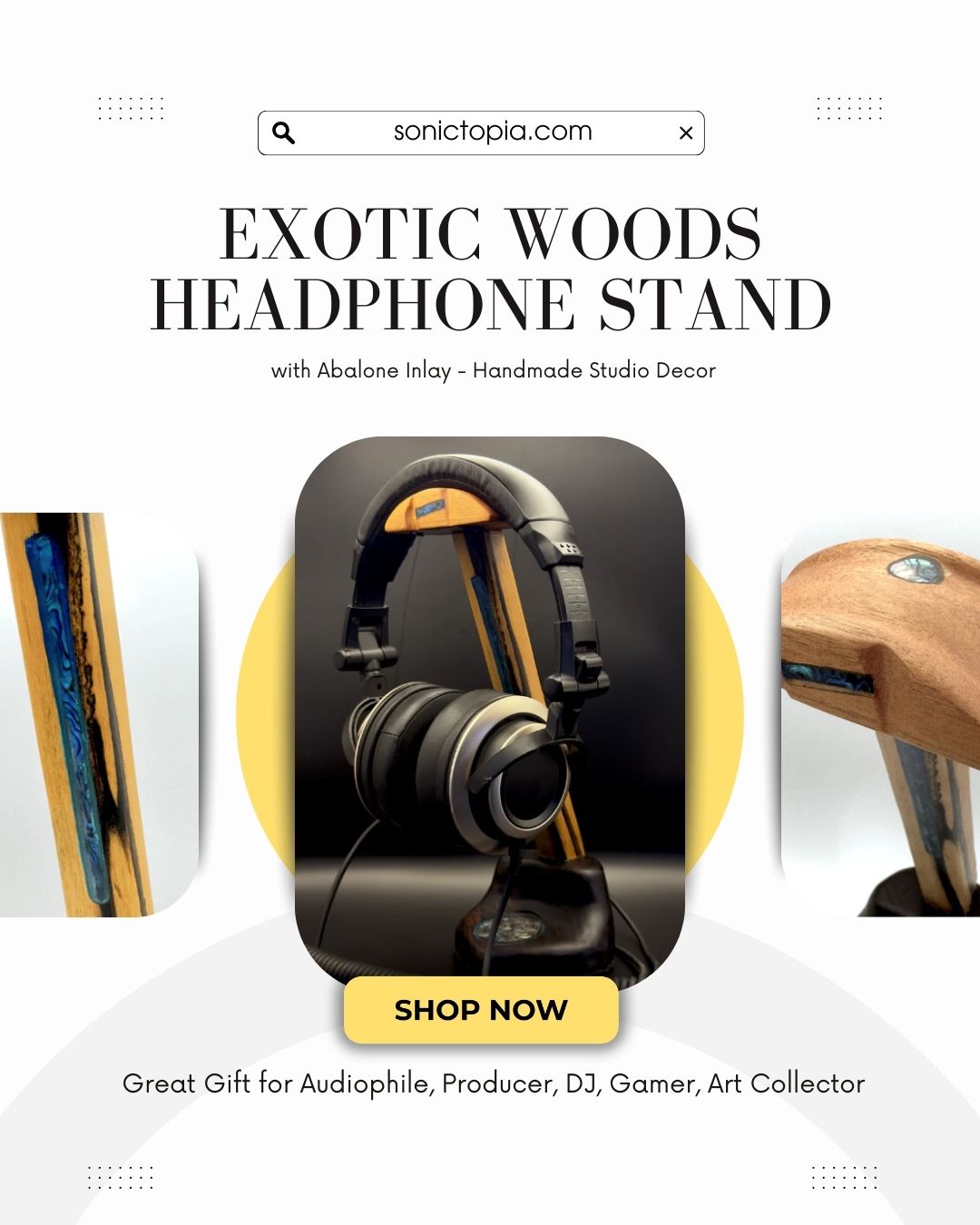 Exotic Woods Headphone Stand with Abalone Inlay - Handmade Studio Decor | Great Gift for Audiophile, Producer, DJ, Gamer, Art Collector