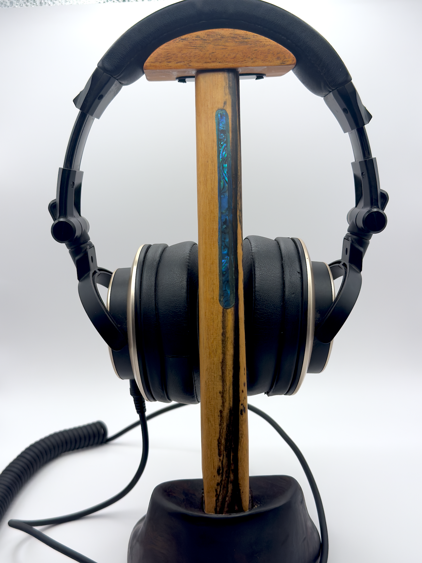Exotic Woods Headphone Stand with Abalone Inlay - Handmade Studio Decor | Great Gift for Audiophile, Producer, DJ, Gamer, Art Collector