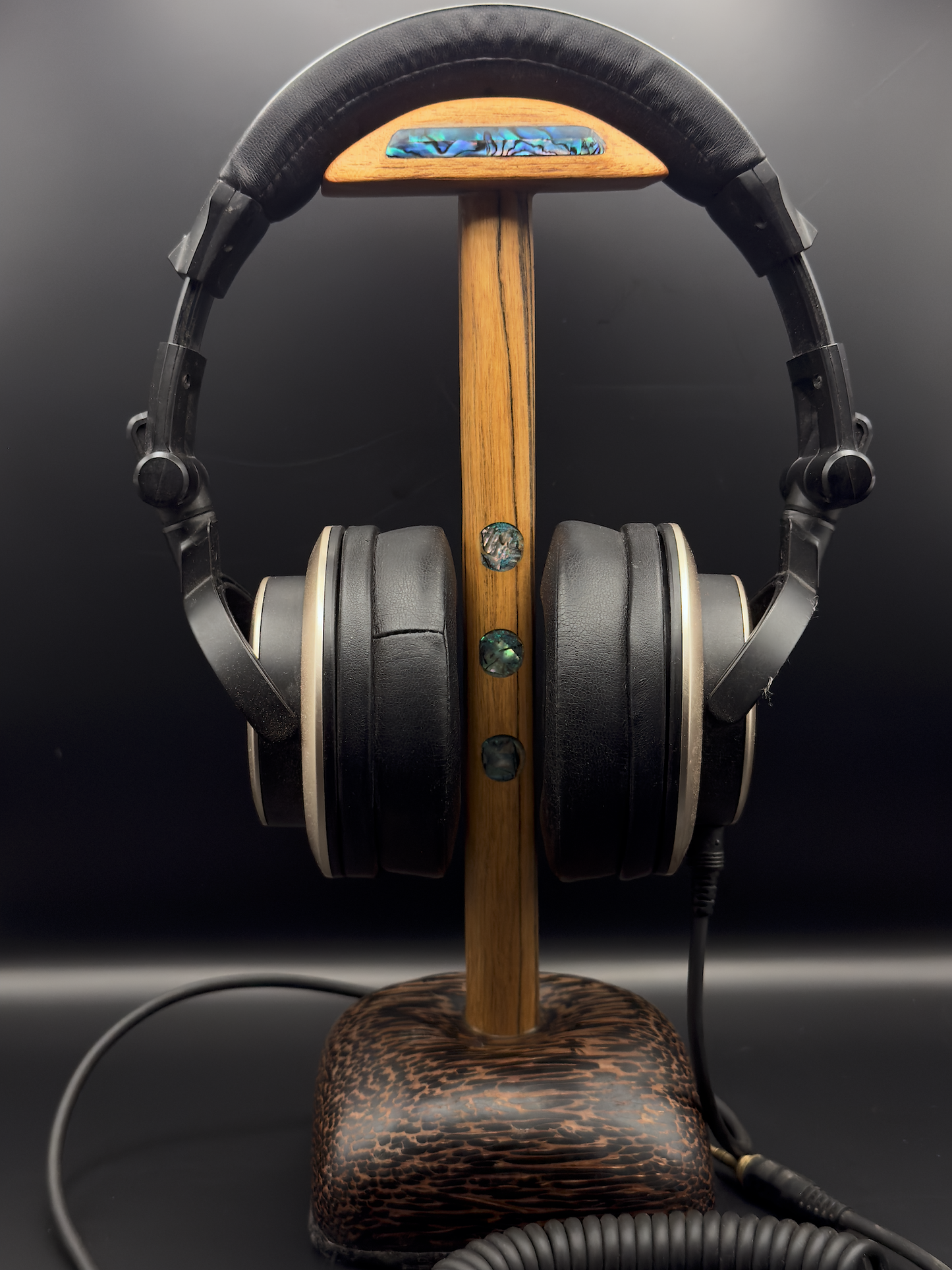 Exotic Woods Headphone Stand with Abalone Inlay - Handmade Studio Decor | Great Gift for Audiophile, Producer, DJ, Gamer, Art Collector