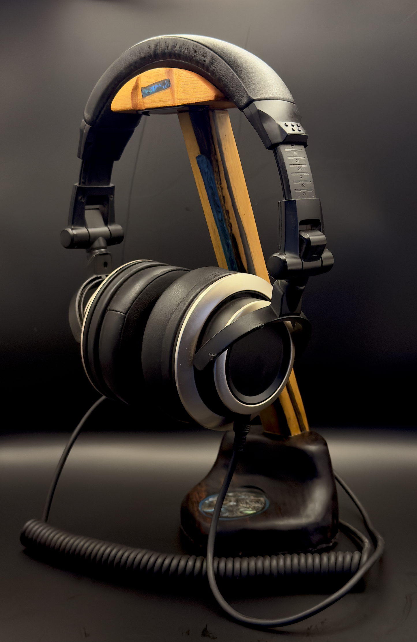 Exotic Woods Headphone Stand with Abalone Inlay - Handmade Studio Decor | Great Gift for Audiophile, Producer, DJ, Gamer, Art Collector