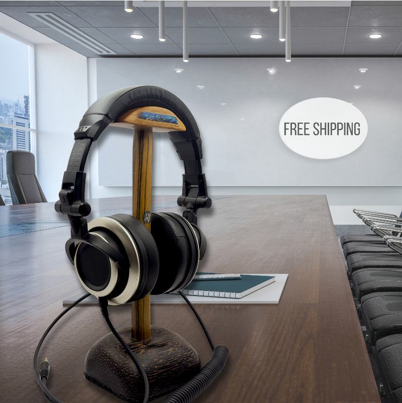 Side profile of handmade exotic wood headphone holder