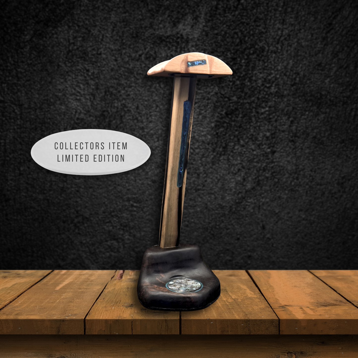 Rosewood headphone stand in music producer studio