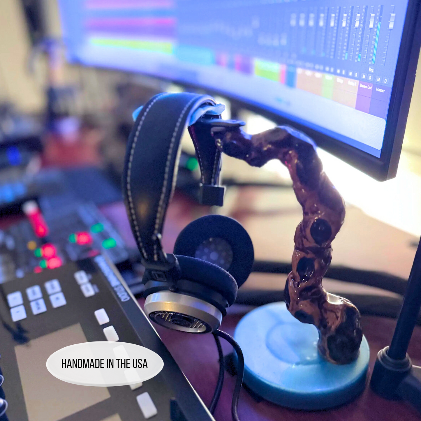 Driftwood headphone stand in minimalist studio setup