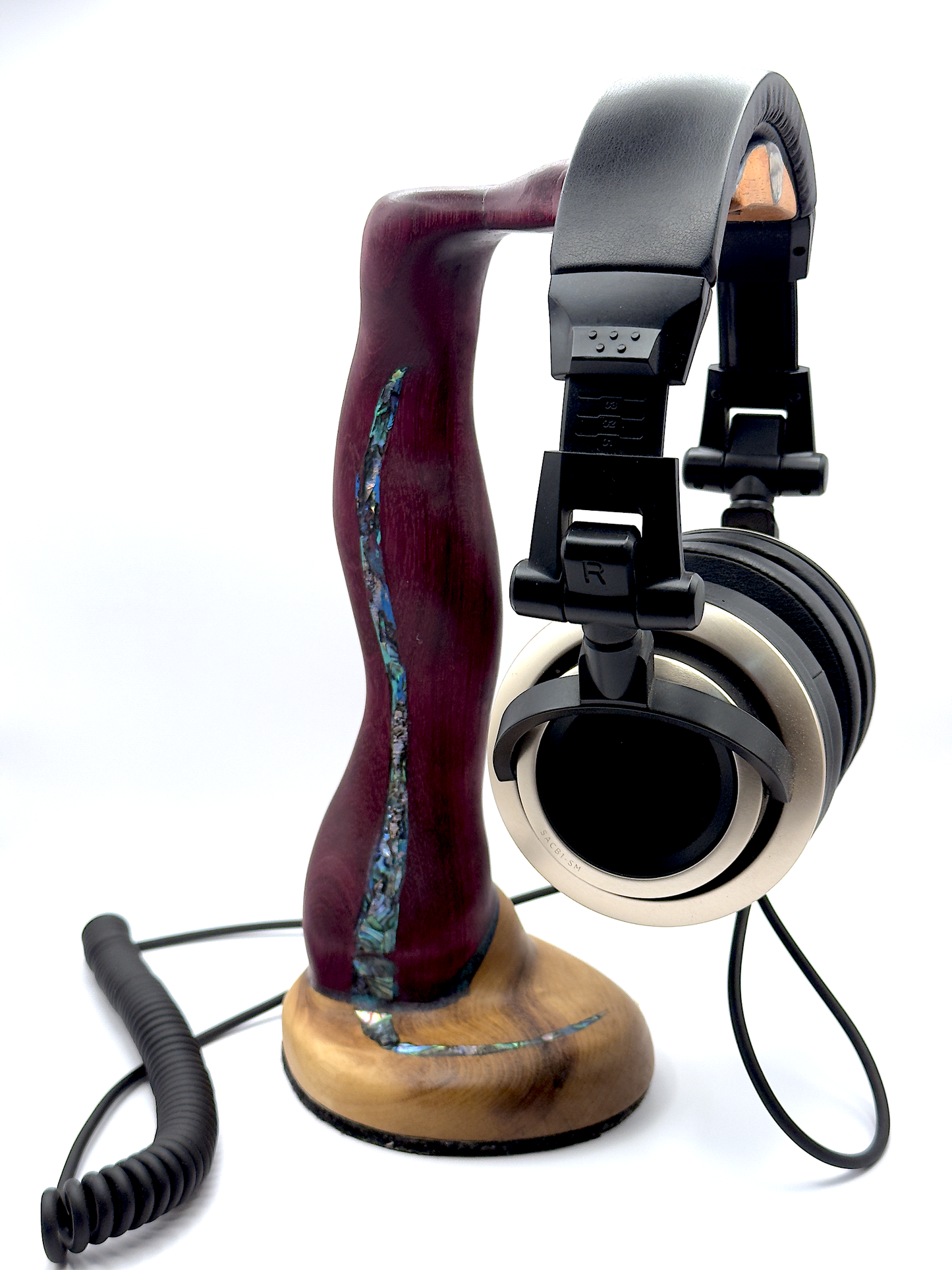 Exotic Woods Headphone Stand with Abalone Inlay - Handmade Studio Decor | Great Gift for Audiophile, Producer, DJ, Gamer, Art Collector