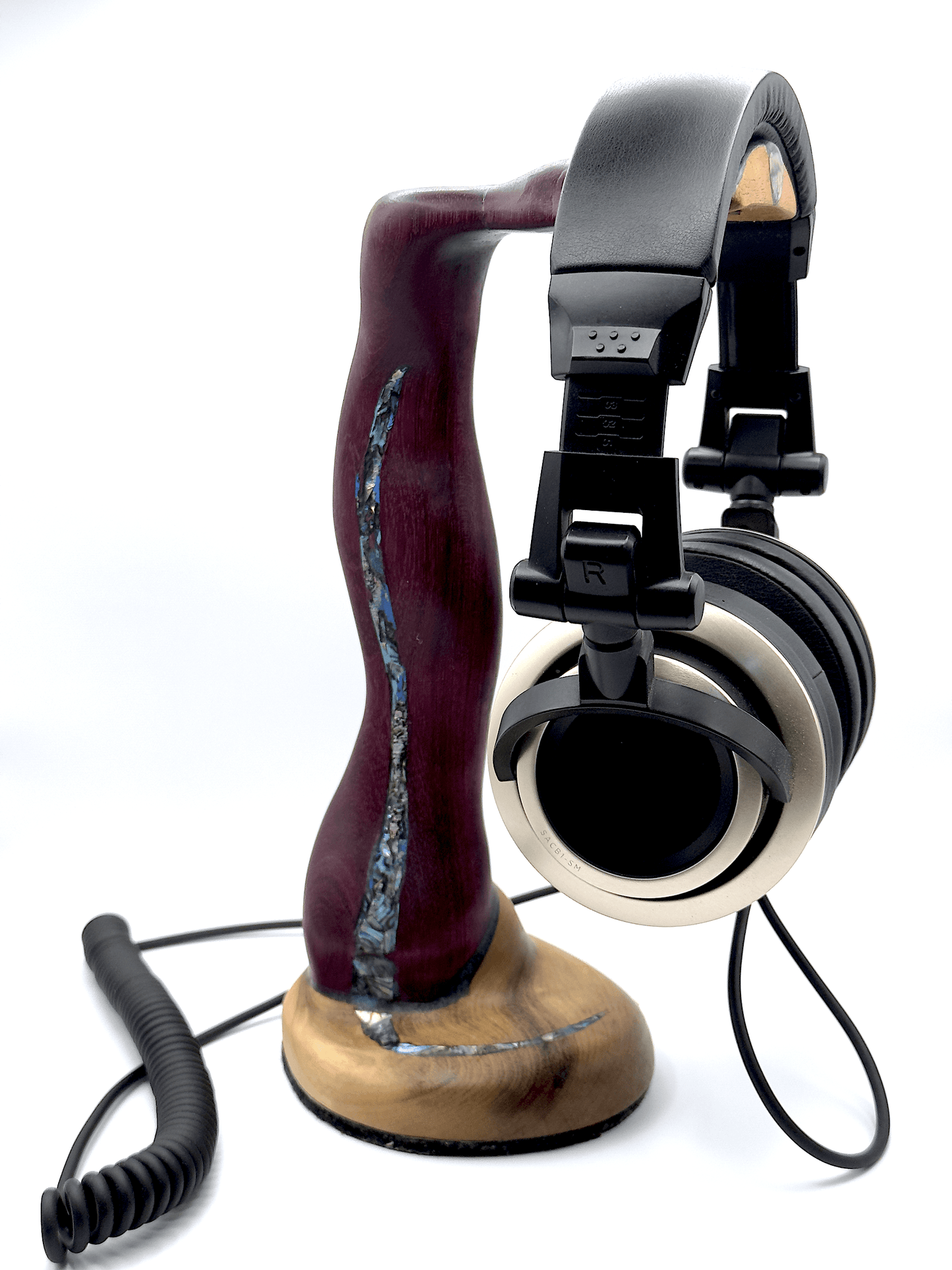 Handmade purple heart wood headphone stand with abalone inlay