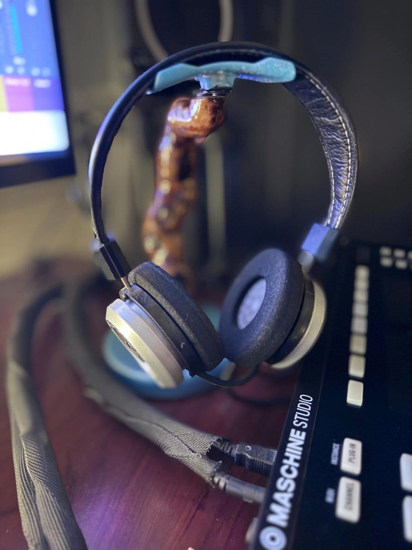 Exotic Woods Headphone Stand with Abalone Inlay - Handmade Studio Decor | Great Gift for Audiophile, Producer, DJ, Gamer, Art Collector