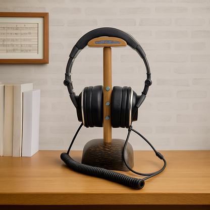 Exotic Woods Headphone Stand with Abalone Inlay - Handmade Studio Decor | Great Gift for Audiophile, Producer, DJ, Gamer, Art Collector - SONICTOPIA