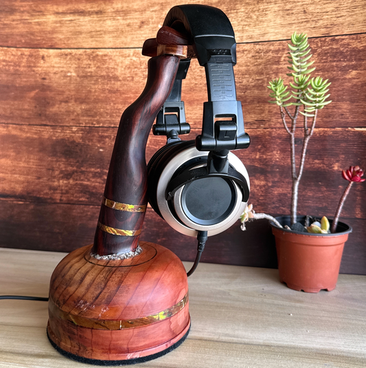 Handmade cocobolo wood headphone stand with abalone inlay