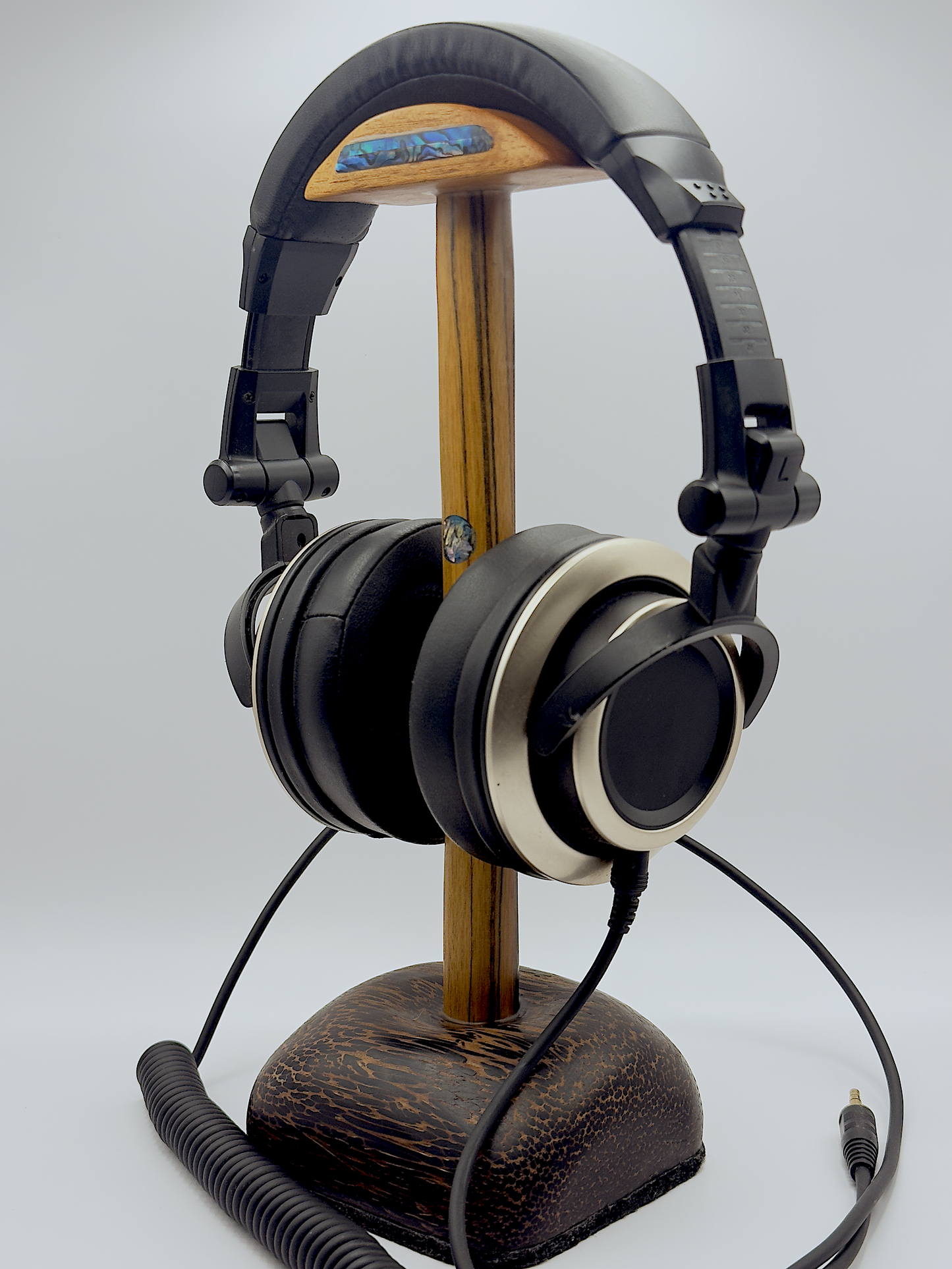 Exotic Woods Headphone Stand with Abalone Inlay - Handmade Studio Decor | Great Gift for Audiophile, Producer, DJ, Gamer, Art Collector