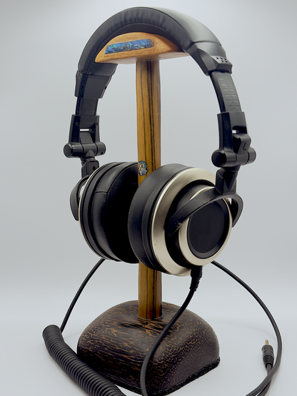 Exotic Woods Headphone Stand with Abalone Inlay - Handmade Studio Decor | Great Gift for Audiophile, Producer, DJ, Gamer, Art Collector