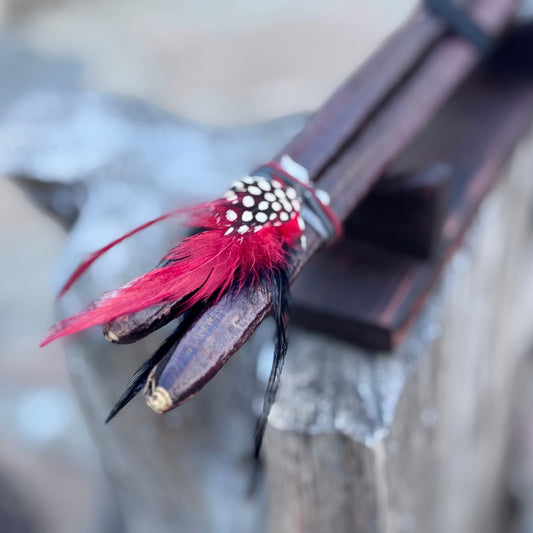 Close-up of indigenous motifs on Patuá shamanic rattle #003