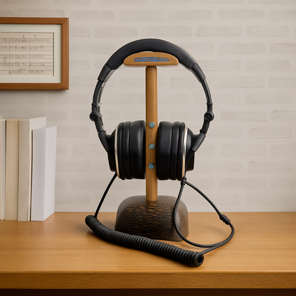 Exotic wood headphone stand with abalone inlay monolith design