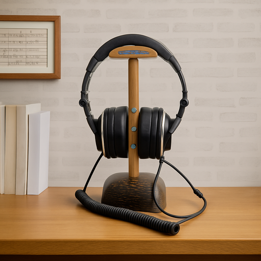 Exotic wood headphone stand with abalone inlay monolith design