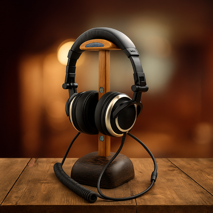 Detail of wood grain on handcrafted headphone stand