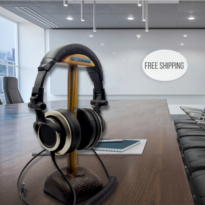 Side profile of handmade exotic wood headphone holder