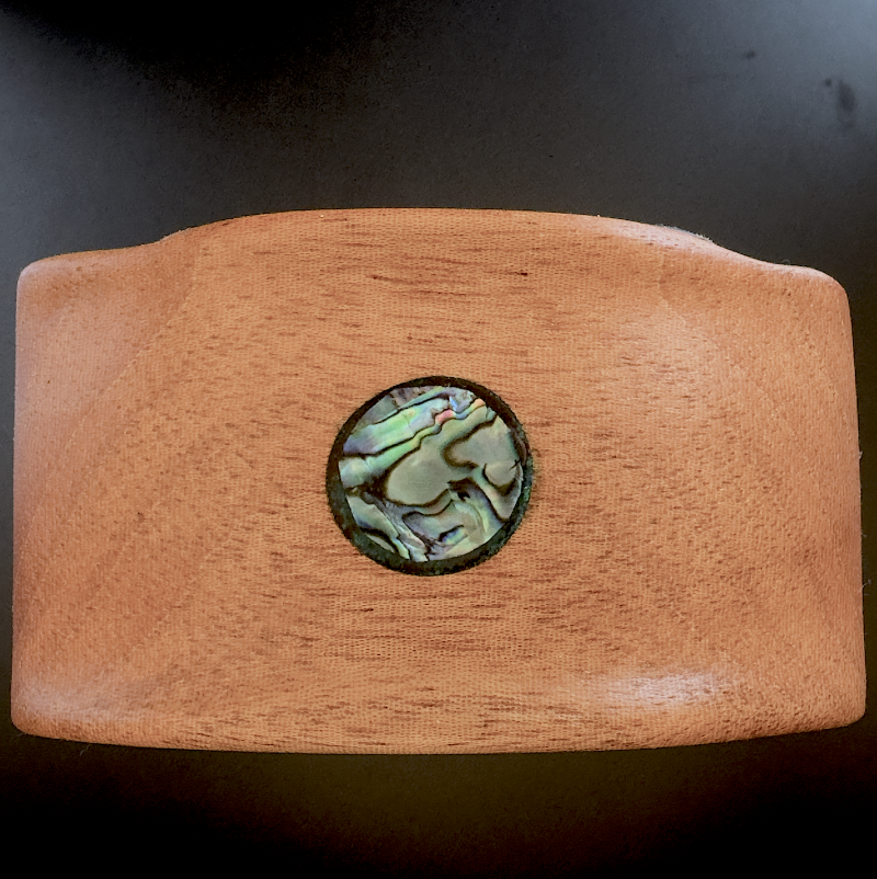 Overhead view of exotic wood headphone stand with measurements