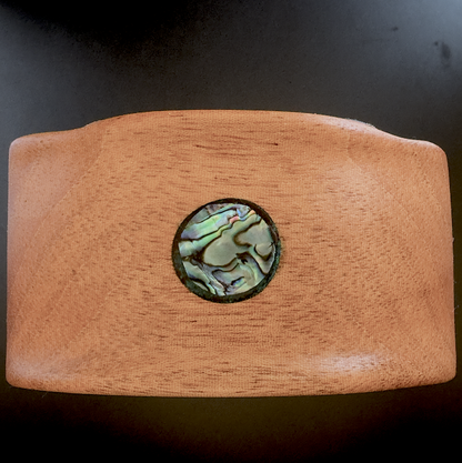 Overhead view of exotic wood headphone stand with measurements