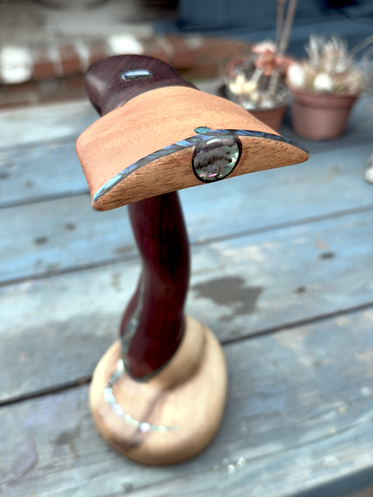 Exotic Woods Headphone Stand with Abalone Inlay - Handmade Studio Decor | Great Gift for Audiophile, Producer, DJ, Gamer, Art Collector