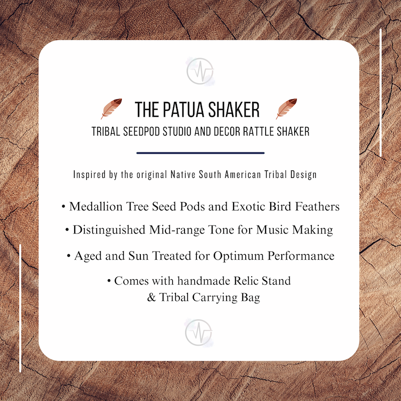 Product description card for 'The Patua Shaker' on a wooden background
