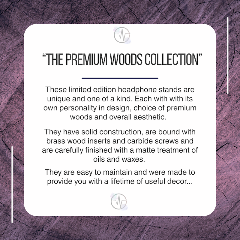 Promotional text for 'The Premium Woods Collection' headphone stands on a textured purple background.