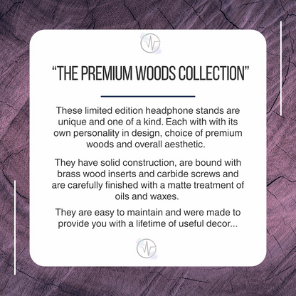 Promotional text for 'The Premium Woods Collection' headphone stands on a textured purple background.