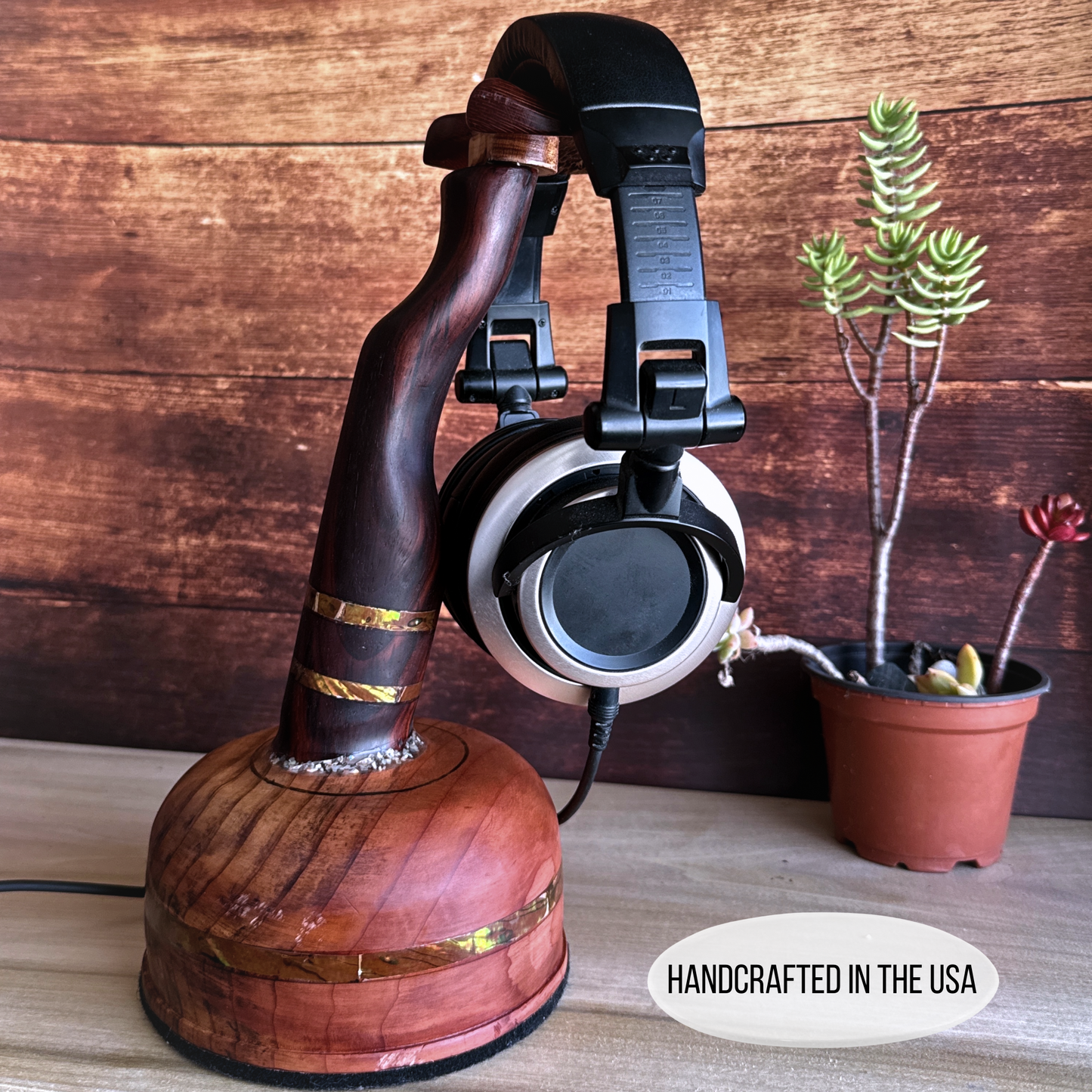Cocobolo Wooden Headphone Stand Handcrafted with Abalone Inlay and Tribal Design for Music Studio DJ Gamer and Audiophile Great Decor Gift