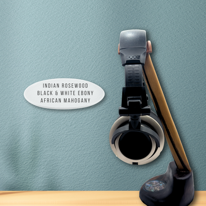 Side view of handcrafted rosewood headphone holde