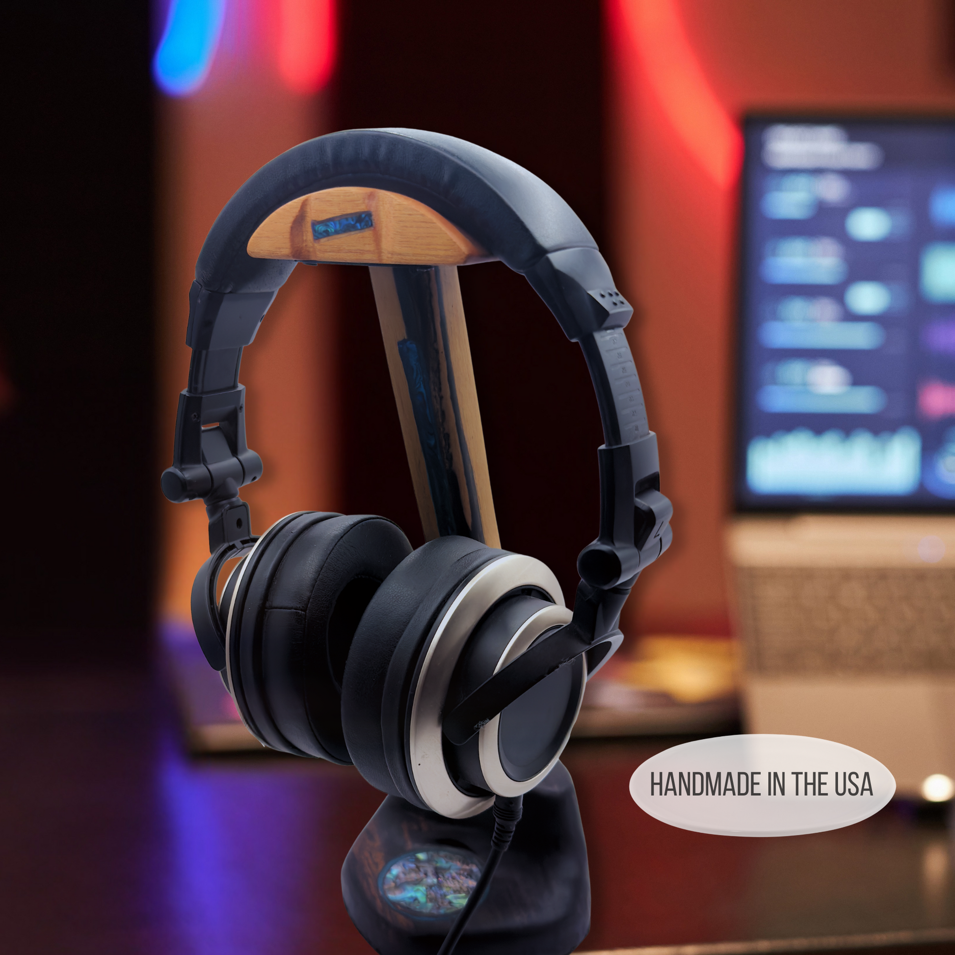 Rosewood headphone stand in music producer studio