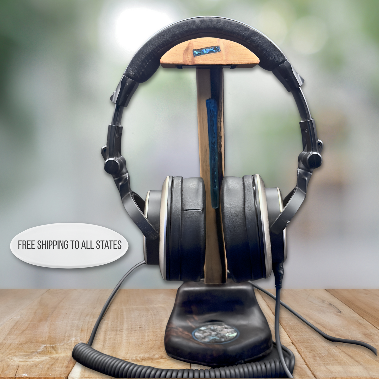 Rosewood headphone stand displaying gaming headset"
