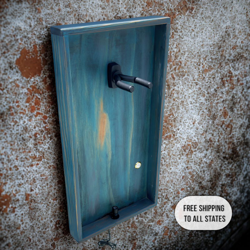 Framed ukulele with 'free shipping to all states' text on a textured wall background