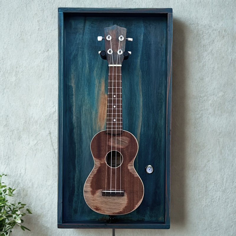 Handmade ukulele wall display frame in reef blue with LED light