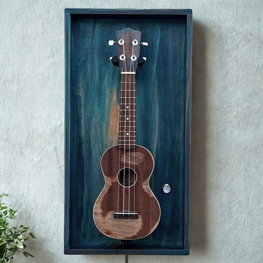 Handmade ukulele wall display frame in reef blue with LED light