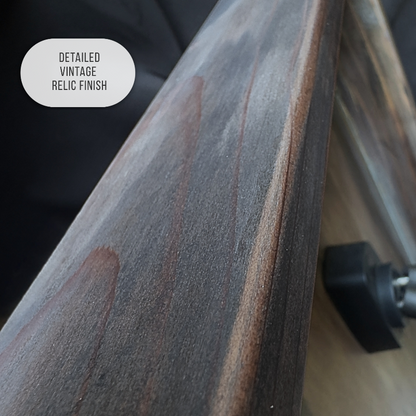 Close-up of a wooden product with a detailed vintage relic finish, labeled 'Detailed Vintage Relic Finish'.