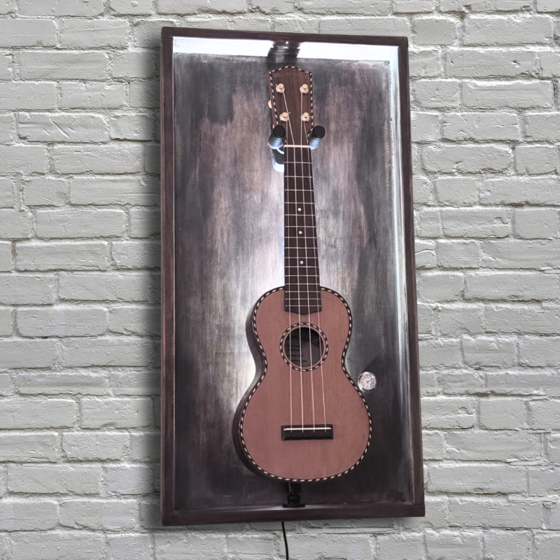 Handmade ukulele wall display frame in urban gray with LED