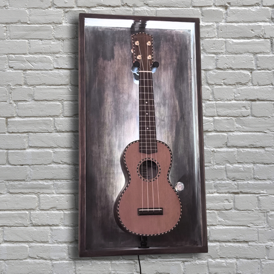 Handmade ukulele wall display frame in urban gray with LED