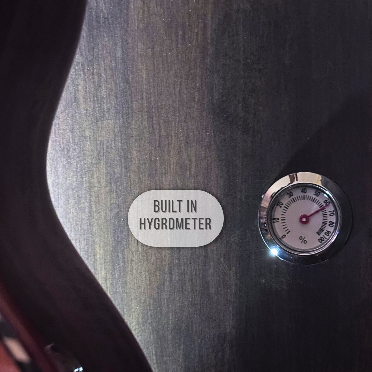 Wooden surface with a built-in hygrometer label