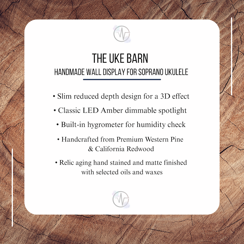 Product description card for 'The Uke Barn' handmade wall display on a wooden background
