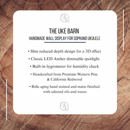 Product description card for 'The Uke Barn' handmade wall display on a wooden background