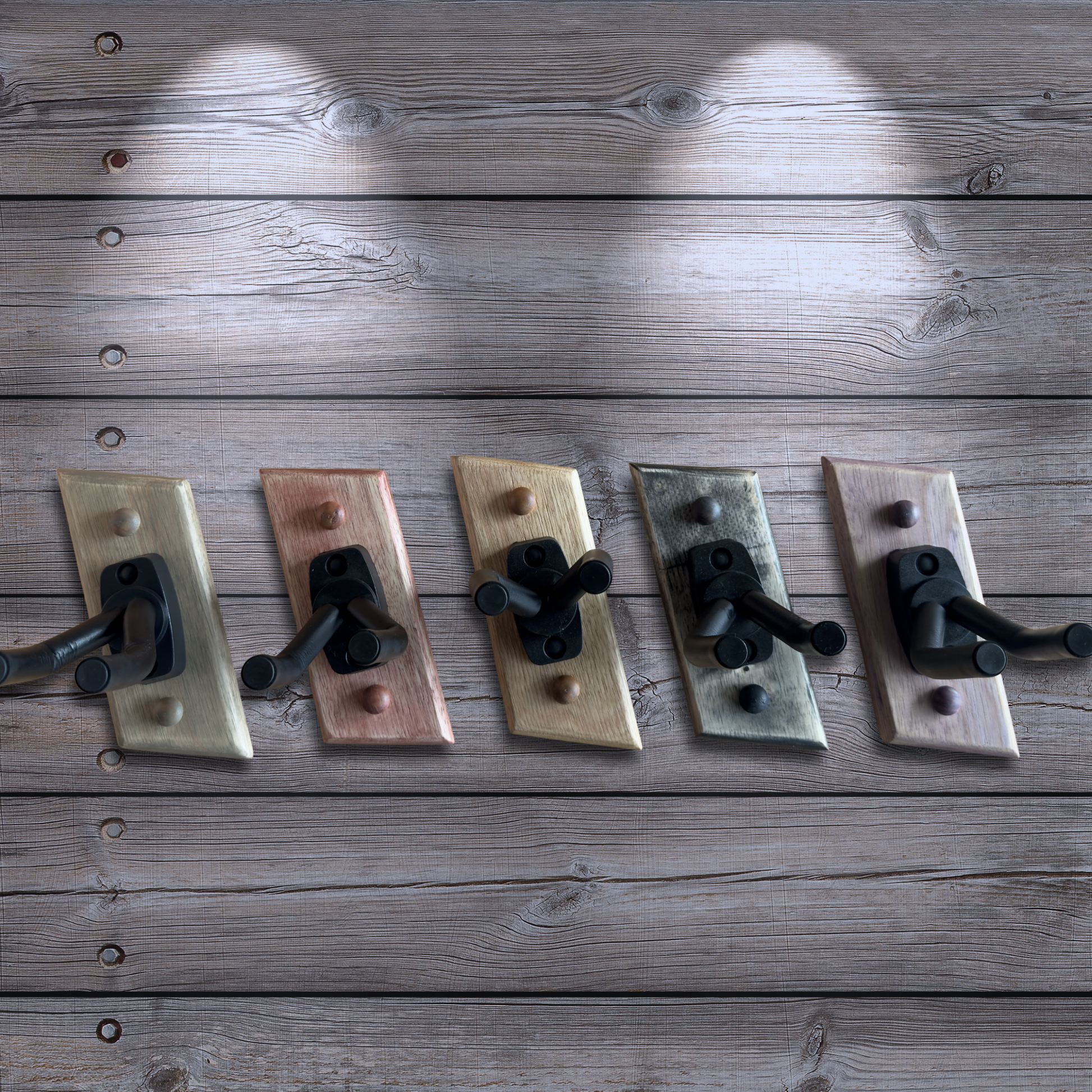 Guitar wall hanger showing multiple stain color options available