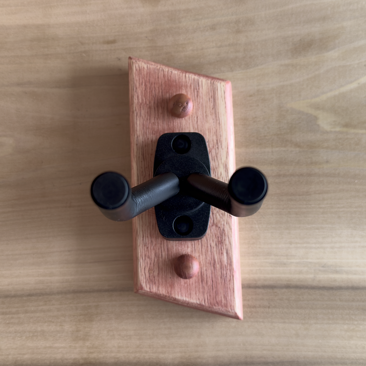 Overhead view of rustic pine guitar wall mount with dimensions
