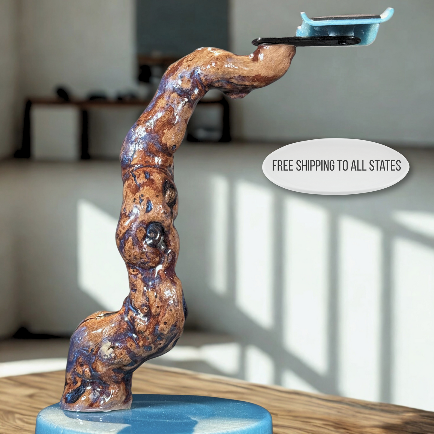 Side view of organic driftwood headphone holde